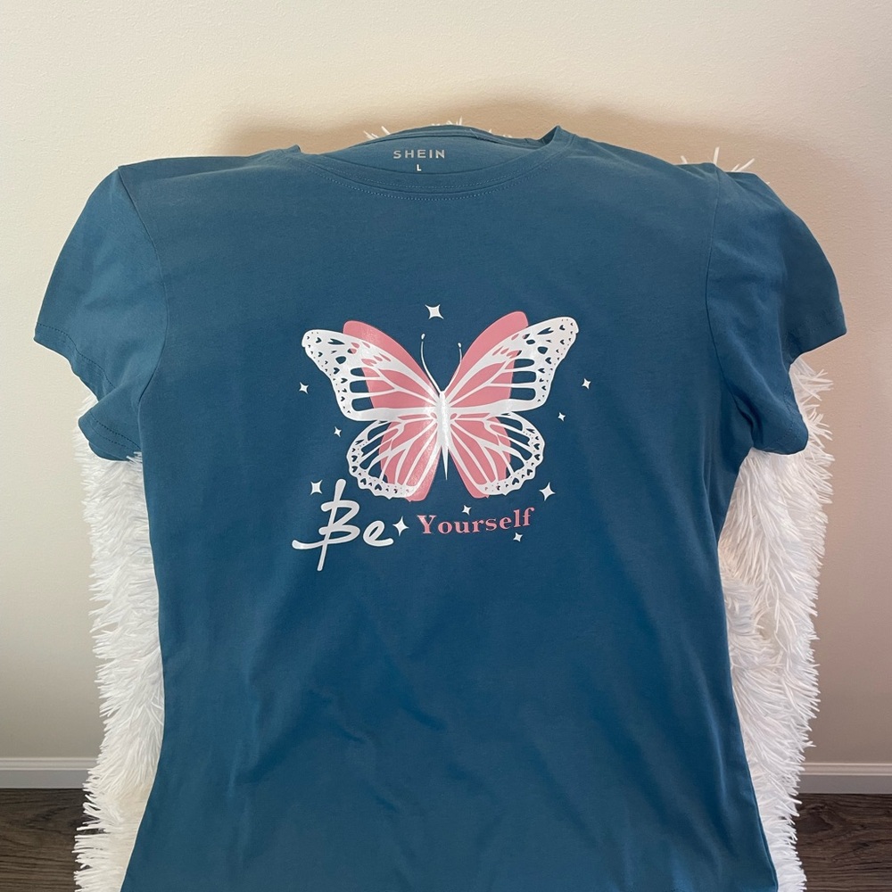 SHEIN Teal Tee with Pink Butterfly and 'Be Yourself' Design